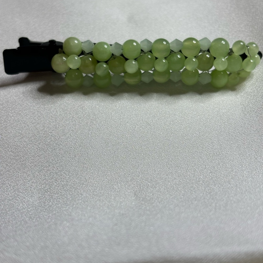 Handmade beaded hair clip light green jade gemstones 4 inches